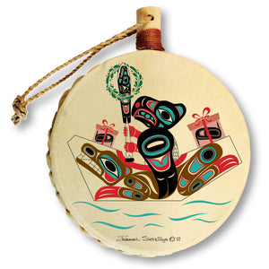 Eagle Bear Canoe Holiday Drum Ornament | Eagle Bear Canoe Christmas Tree Ornament | Shotridge Native Holiday Ornament