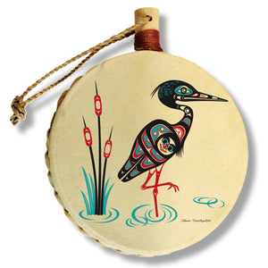 Heron Holiday Drum Ornament | Heron Christmas Tree Ornament | Shotridge Native Holiday Ornament
