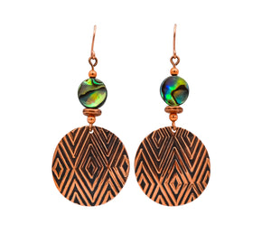 Diamond Hand Roller Printed Copper & Abalone Earrings - The Shotridge Collection