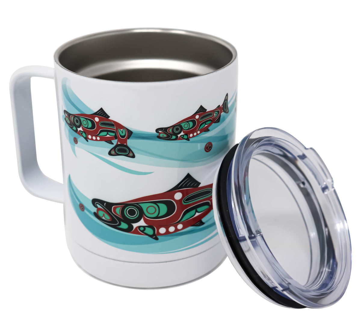 Vintage No Spill Ceramic Travel Coffee Mug Salmon Theme - Ruby Lane