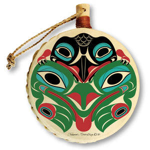 Baby Raven Frog Holiday Drum Ornament | Baby Raven Frog Christmas Tree Ornament | Shotridge Native Holiday Ornament