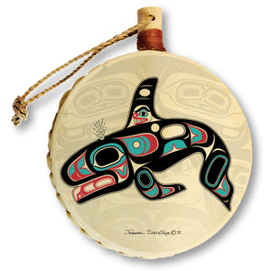 Killer Whale & House Screen Holiday Drum Ornament | Killer Whale Christmas Tree Ornament | Shotridge Native Holiday Ornament