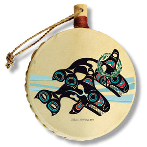 Orcas Wreath Holiday Drum Ornament | Orcas Christmas Tree Ornament | Shotridge Native Holiday Ornament