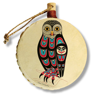 Owl Holiday Drum Ornament | Owl Christmas Tree Ornament | Shotridge Native Holiday Ornament