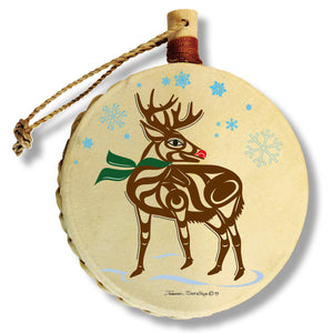 Reindeer Holiday Drum Ornament | Reindeer Christmas Tree Ornament | Shotridge Native Holiday Ornament