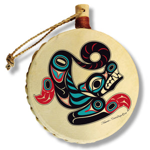 Wolf Holiday Drum Ornament | Wolf Christmas Tree Ornament | Shotridge Native Holiday Ornament