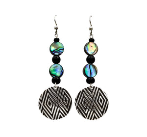 Diamond Hand Roller Printed Sterling Silver, Abalone & Onyx Earrings - The Shotridge Collection