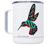White insulated travel mug with lid featuring a formline hummingbird design created by Israel Shotridge | Native Art & Gifts