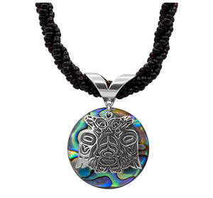 Paua & Sterling Silver Lovebirds with Black Seed Bead Necklace - 1 inch - The Shotridge Collection