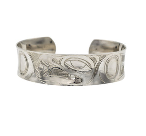 "Raven Stealing the Sun" Hand Engraved Sterling Silver Bracelet - The Shotridge Collection