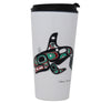 White travel tumbler with lid featuring a formline killer whale design created by Israel Shotridge | Native Art & Gifts