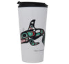White travel tumbler with lid featuring a formline killer whale design created by Israel Shotridge | Native Art & Gifts